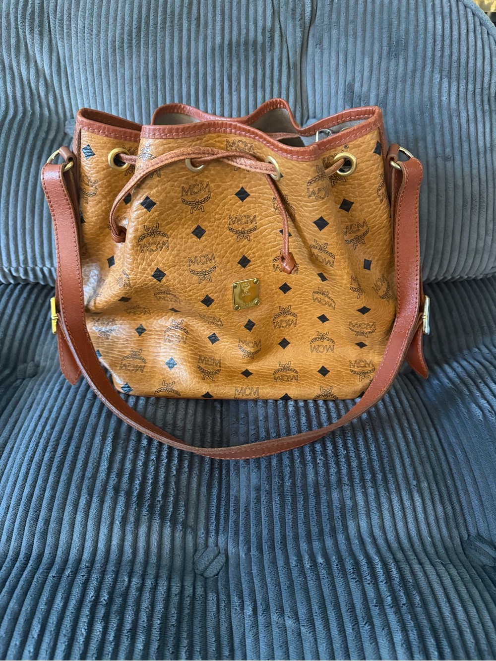 MCM Cognac Brown Visetos Drawstring Shoulder Bag